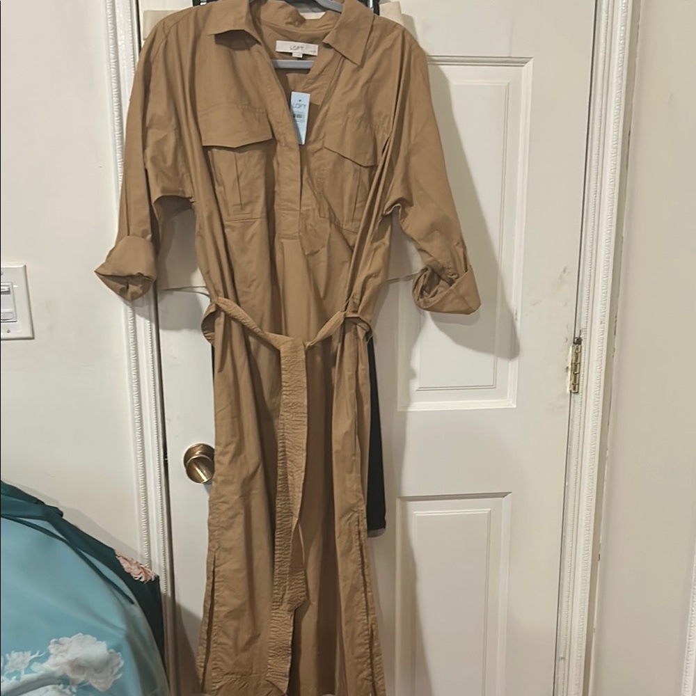 LOFT Camel Long-Sleeve Belted Dress